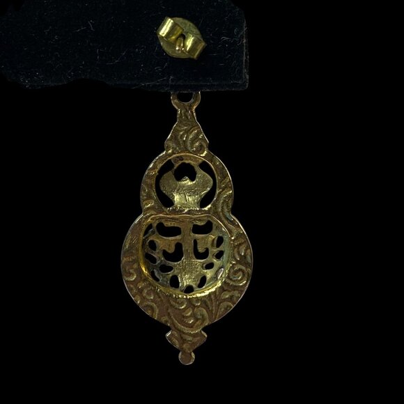 Gold-Tone Filigree Dangle Earrings With Ornate Design & Fleur De Lis Accents - Picture 5 of 10